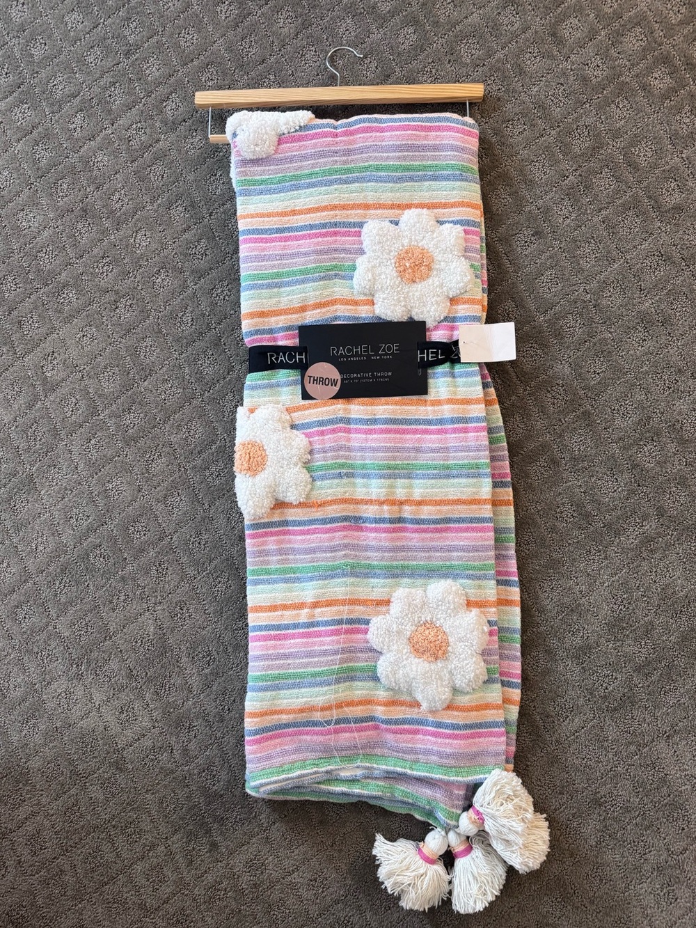NWT Rachel Zoe Rainbow Stripe Floral Daisy Flower Blanket Throw 50 X 70 Oversize
